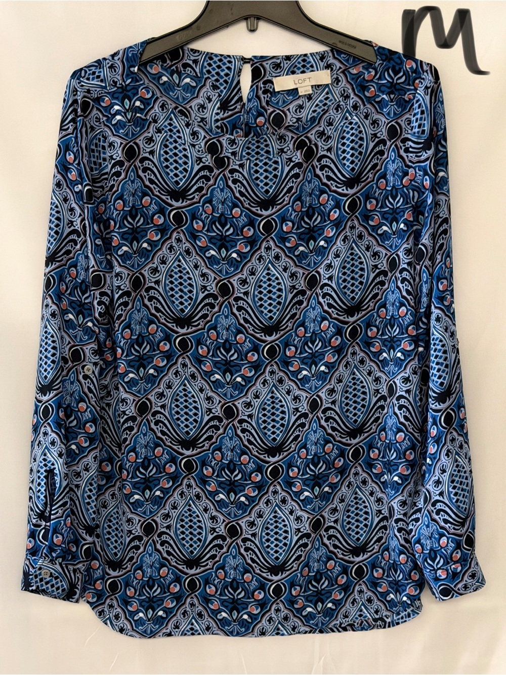 LOFT Blue Black and Pink Medallion Print Long Sleeve Blouse